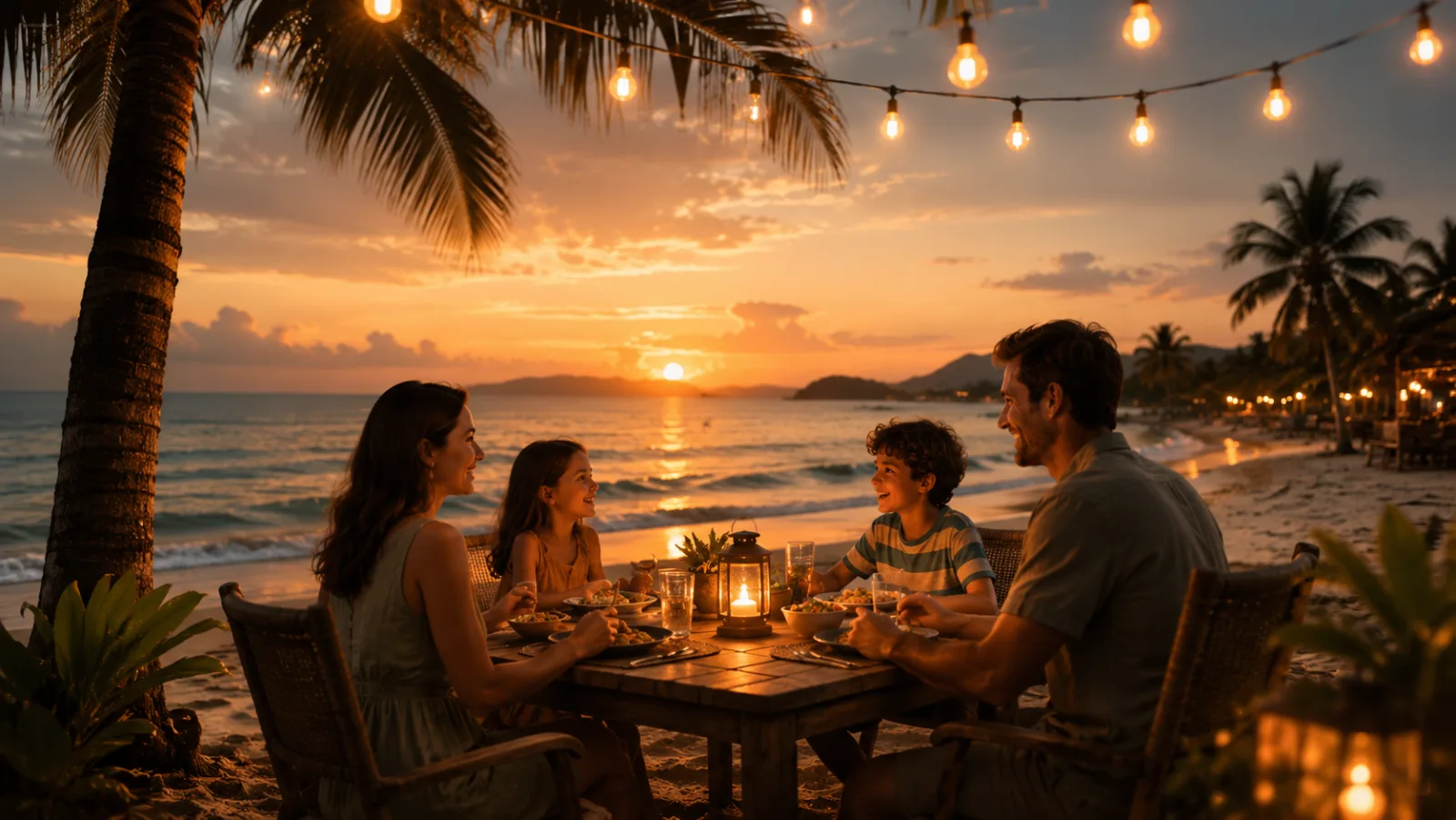 A family sharing dinner at a beachside table under string lights at sunset